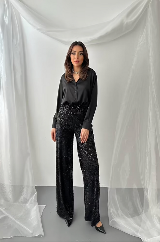 Pantalon Taille Haute Noir à Paillettes – Glamour & Élégant