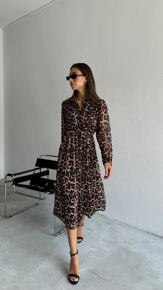 Robe Chemise à Motif Léopard – Marron