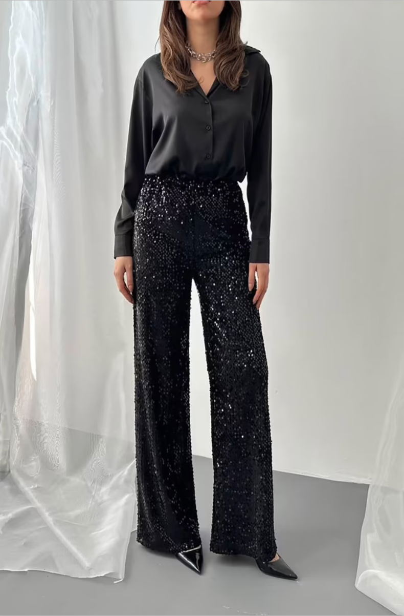 Pantalon Taille Haute Noir à Paillettes – Glamour & Élégant