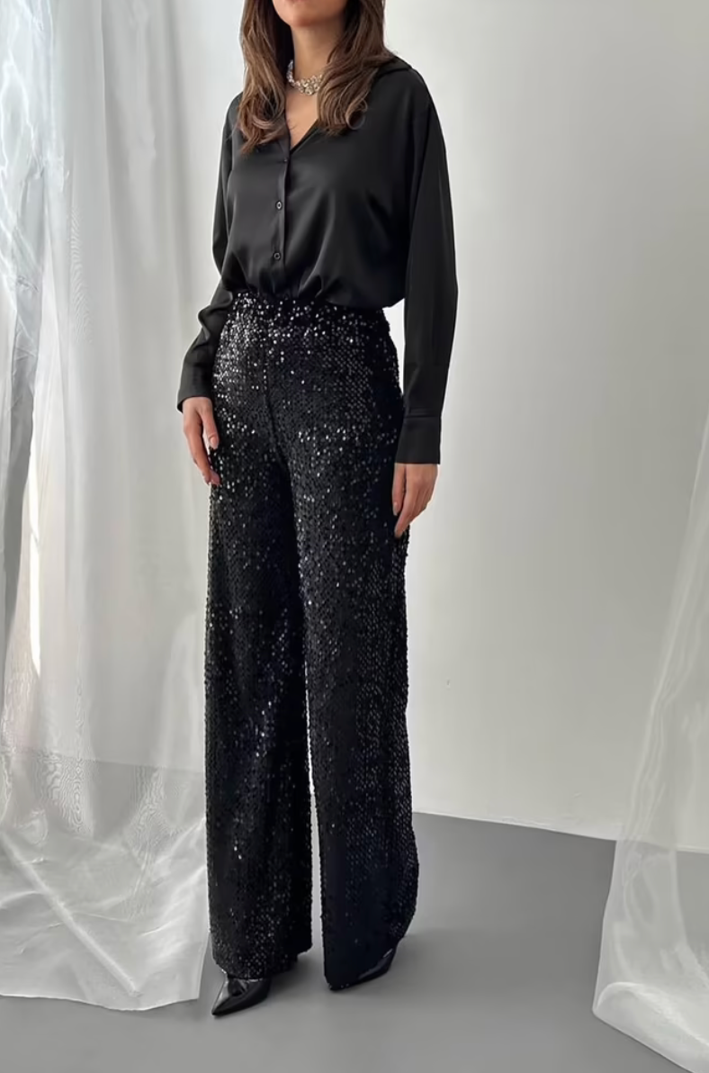 Pantalon Taille Haute Noir à Paillettes – Glamour & Élégant