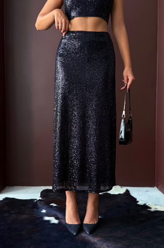 Jupe Longue Noire à Paillettes – Élégante & Scintillante