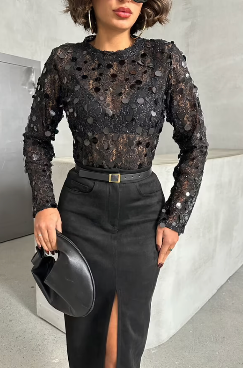 Haut Noir Manches Longues – Grosses Paillettes