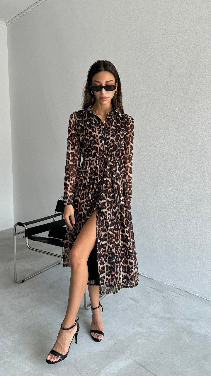 Robe Chemise à Motif Léopard – Marron