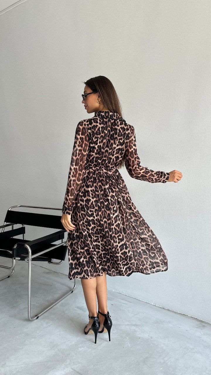 Robe Chemise à Motif Léopard – Marron